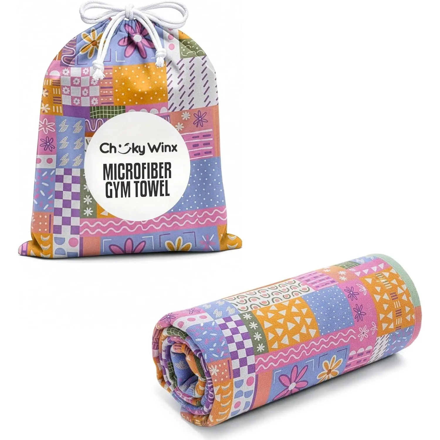 Patchwork Unisex Microfiber Gym Towel - Highly Absorbent, Quick-Dry, Lightweight, Odor-Resistant, with Matching Carry Bag, Regular Size (90x50 cm)