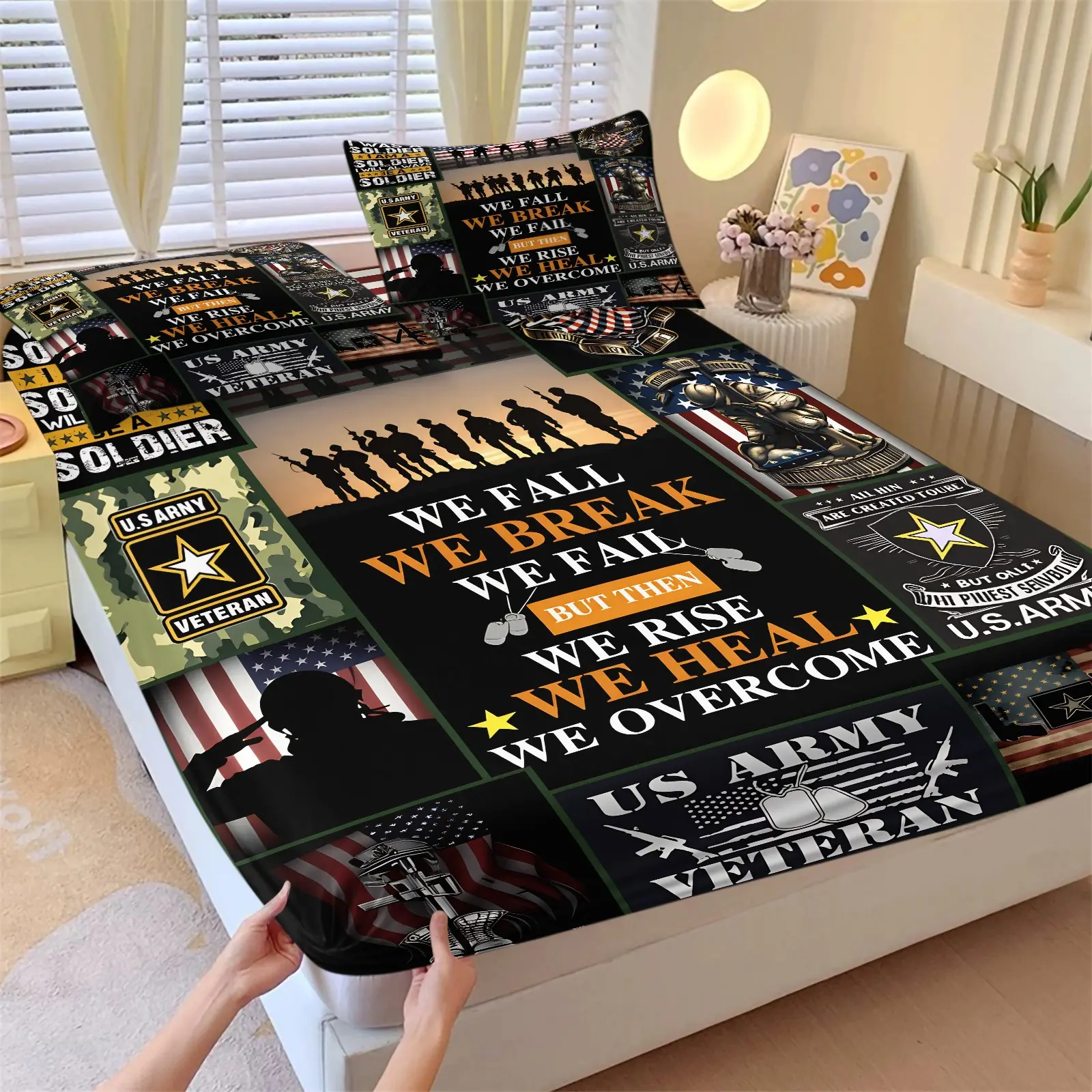 US Military Veterans Theme Fitted Sheet Set-1 Fitted Sheet & 2 Coreless Pillowcases-Silhouette of Soldiers Camouflage Pattern & Usa Flag-Non-Slip Deep Pocket Mattress Protector-Army Style Bedroom Decor