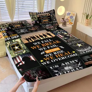 US Military Veterans Theme Fitted Sheet Set-1 Fitted Sheet & 2 Coreless Pillowcases-Silhouette of Soldiers Camouflage Pattern & Usa Flag-Non-Slip Deep Pocket Mattress Protector-Army Style Bedroom Decor