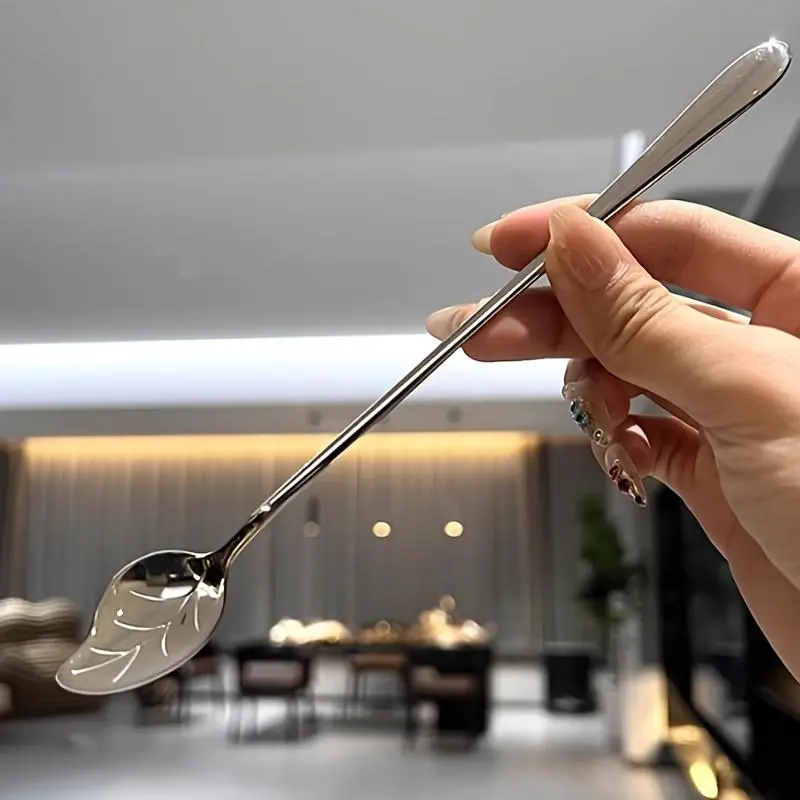 1pc 304 Stainless Steel Long Handle Silvery Leaf Coffee Spoon, Mirror Polished Finish, Durable and Corrosion Resistant Material, Suitable for Home Cafes and Restaurants Stirring Spoons | Dessert Spoon