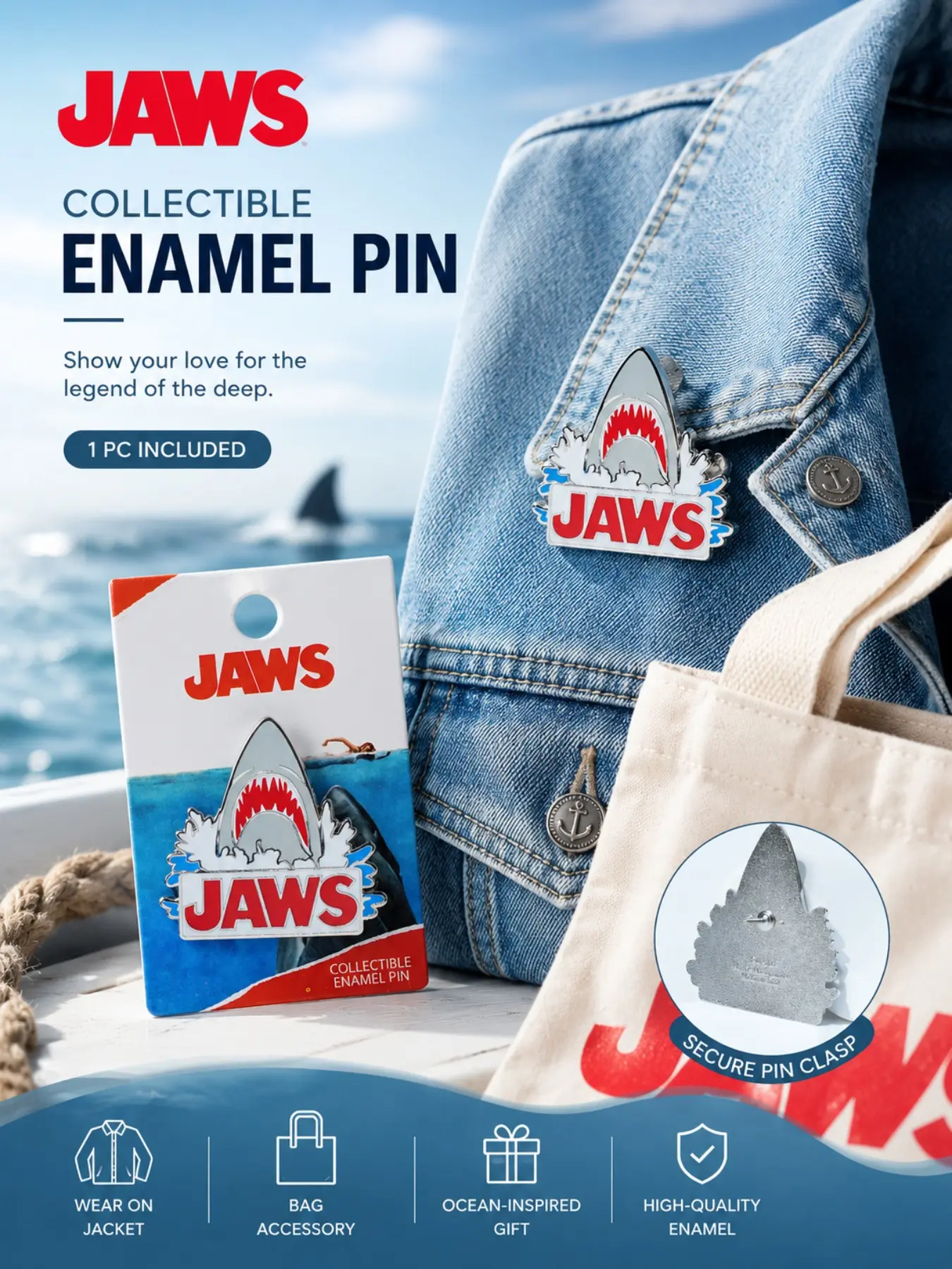 Universal Official Jaws Enamel Pin, Vintage Horror Movie Lapel Brooch, Shark Week Gift, Aesthetic Jewelry Accessories for Backpack Jacket, Collectible Pins
