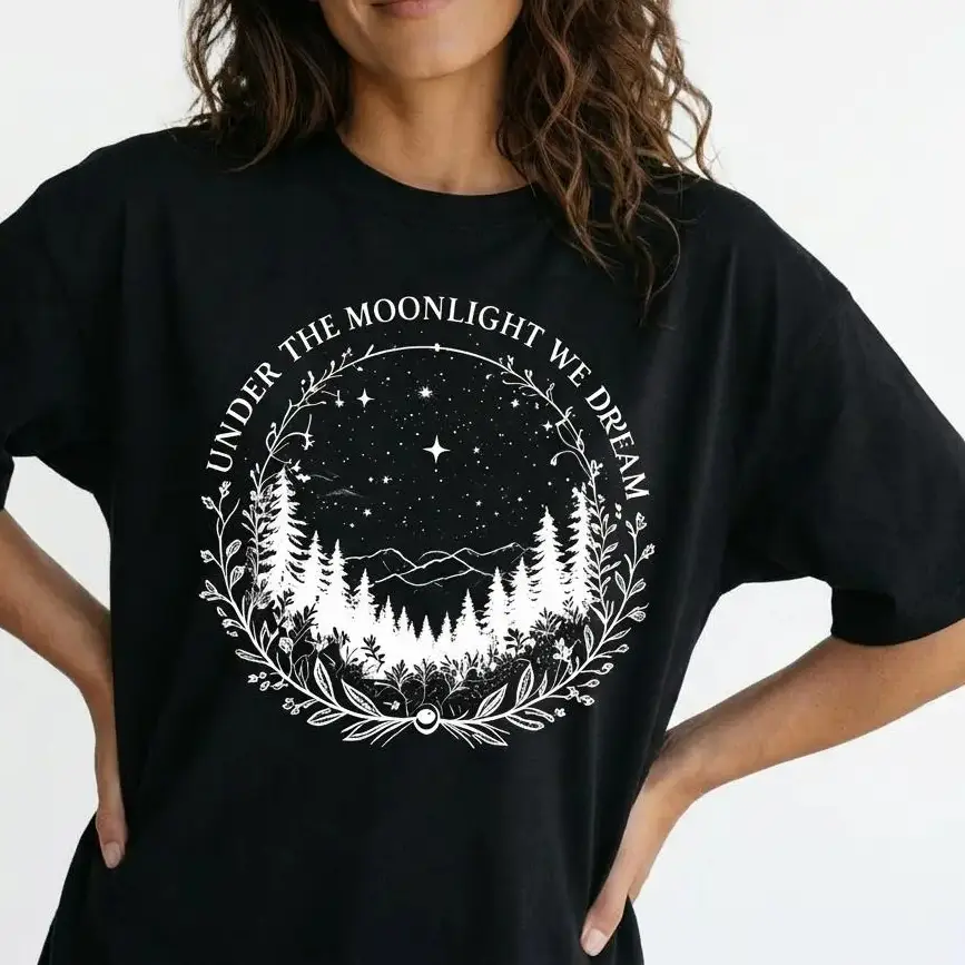 Boho Mountain Graphic Tee Women Celestial Nature Shirt Under The Moonlight