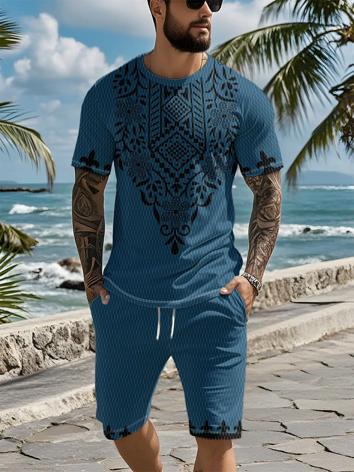 Men's 3D digital print two-piece set with lake blue thin vertical stripes, ethnic floral symmetrical totems, 2Pcs, trendy fashion suit, trendy retro casual two-piece outfit, vacation-style trendy wear, breathable sports casual style, an ideal holiday gift
