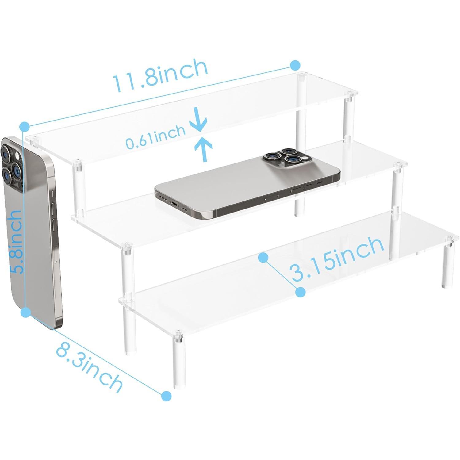 Display Risers Stand ,3 Tier Shelf for Perfume Organizer,  POP Figures, Cupcake Display, Amiibo, , and Desserts Holder  Shelves for Vendor Booth, Collections, Countertop (Clear, 3 Tier)