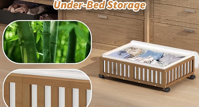 Bed Containers with Wheels, 2 Pack Bamboo the Bed Shoe Bins, Wood Rolling Underbed Drawers Organizer for Bedroom, Closet Clothes Blanket Comforter Crib Toy Walunt