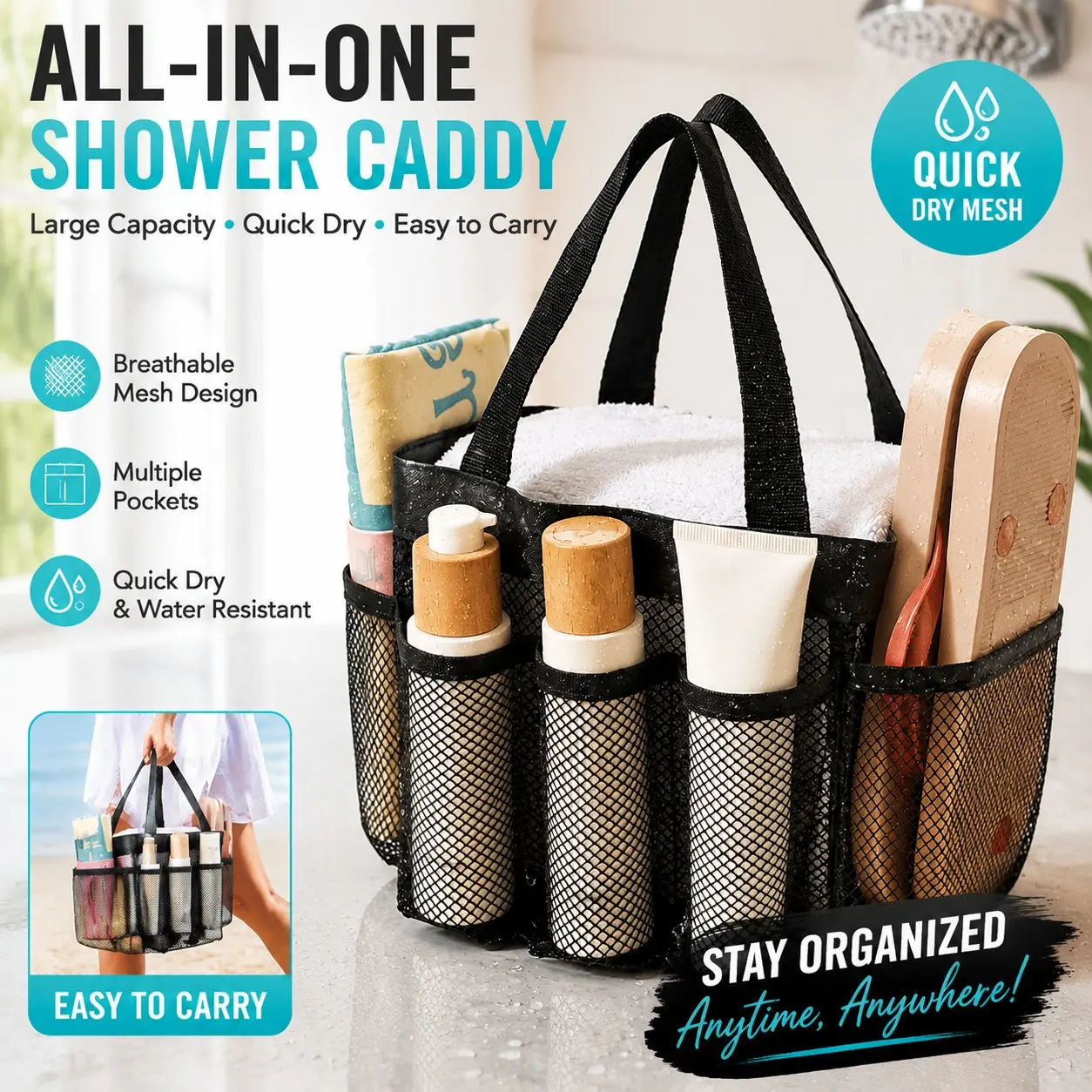 Mesh Shower Caddy Portable for College Dorm Room Essentials, Odorless Polyester Large Shower Tote Bag with Dual Handles, 8-Pocket Quick-Dry Toiletry Organizer for Travel, Beach, Camping, Gym, Toiletry Bags