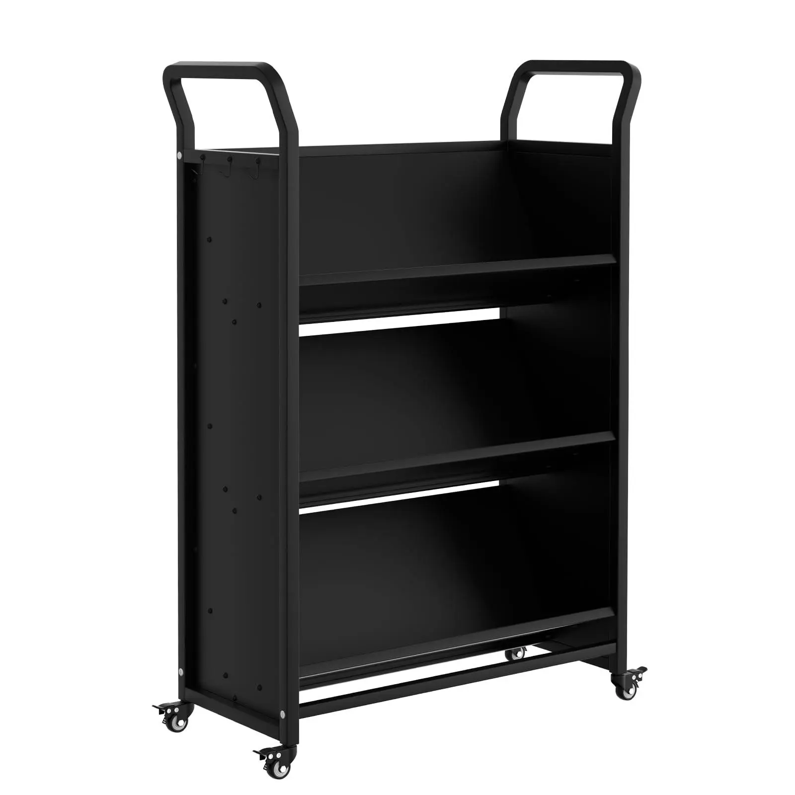 3-Tier Rolling Book Cart – V-Shaped Metal Storage Shelf with 4 Lockable Wheels & Side Hooks – 32x14x49" – for Library, School, Office, Study – Black