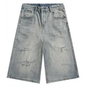Front Pocket Hardware Button Design Distressed Frayed Washed Denim Capris American Street Vintage Textured Drape Denim Cropped Knee Pants # jean shorts men # men's shorts summer # SummerWins # fathersdaygift