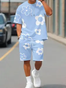 Harajuku Men Flower Print Two Piece Outfit Crew Neck Tshirt and Drawstring Shorts Casual Streetwear Set
