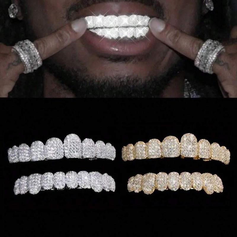 Iced Out Hip Hop Grillz - 18K Gold Plated 10-Tooth Full Set, Luxury Dental Jewelry for Rappers and Party Vibe Oral Retainer Brace