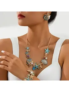 Women Ocean Jewelry Set 3Pcs Enamel Starfish Shell Coral Necklace Bracelet Earrings, Boho Summer Beach Vacation Coastal Accessories Gift