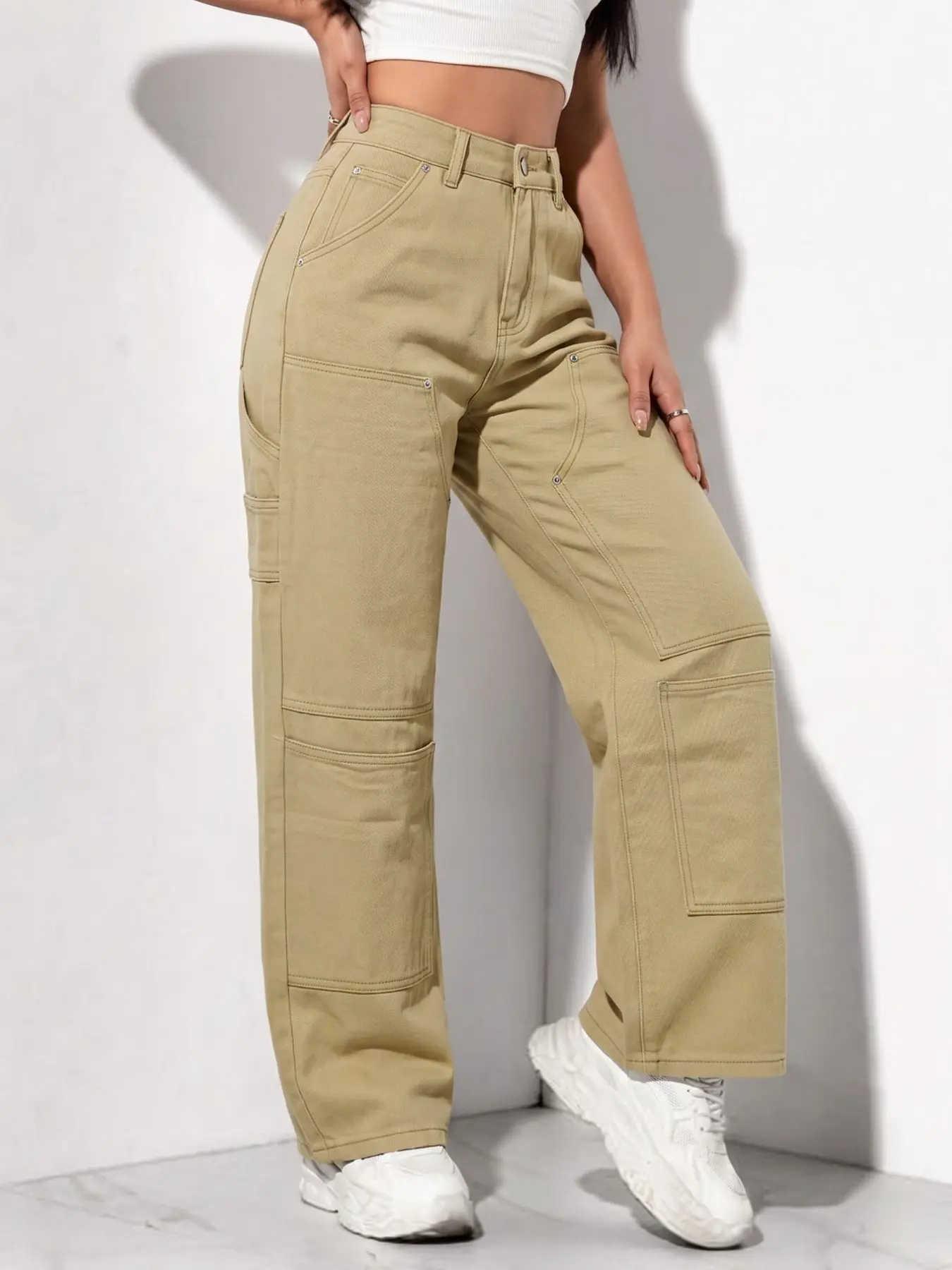 Women's High-Waisted Loose-Fit Jeans, Peach Color Street Style Workwear Pants, Button Fly Closure, All-Season Casual Denim