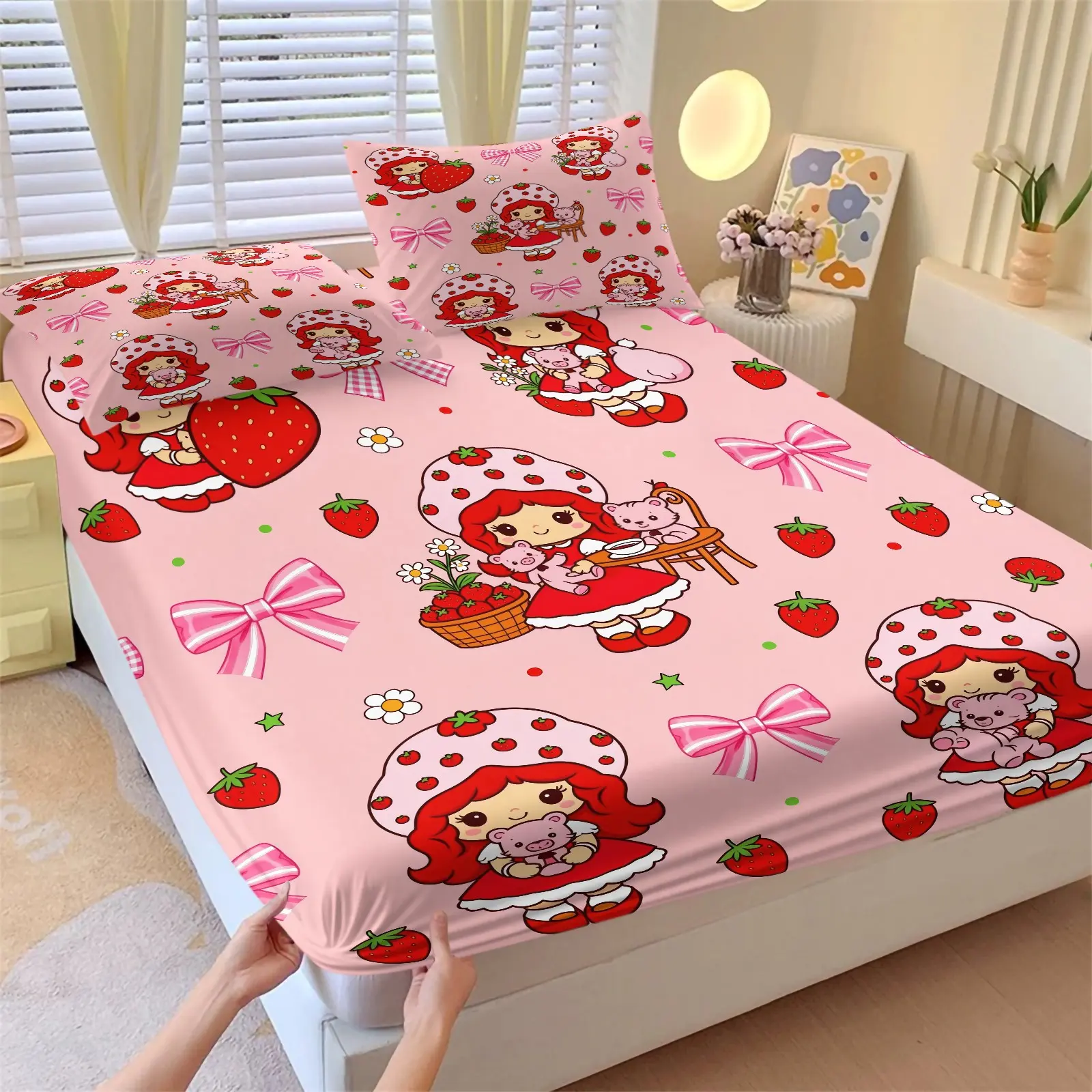 3PCS Pink Strawberry Girl Pet Friend Print Fitted Sheet Set (1 Fitted Sheet + 2 Pillowcases), Soft Comfortable Breathable Wrinkle Resistant Skin‑Friendly Fabric, Deep Pocket Anti‑Slip Full Wrap Design, Cute Kawaii Bedding For Girls Bedroom