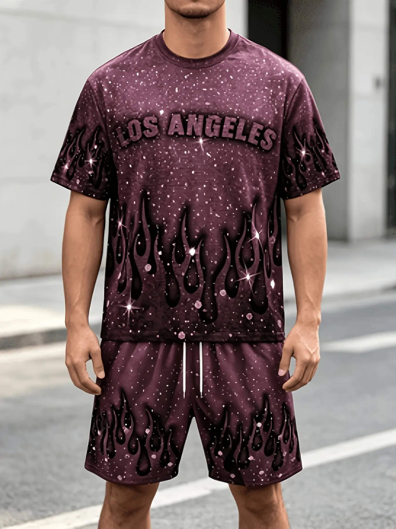 Men's Starry Flame Los Angeles Letter Short Sleeve Top Drawstring Five-Part Shorts Two-Piece Set, Summer Trendy Casual, Streetwear Commuter Clothing
