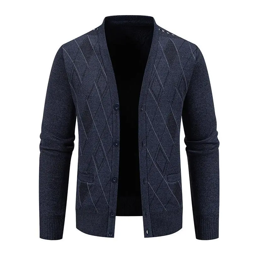 Men's Autumn Winter Fleece-lined Thickened Knitwear Cardigan Sweater V Neck Button Up Jacket Casual Warm Outerwear For Men Classic Pattern Knitted Cardigan With Pockets Ideal Daily Business And Street Layer Outfit