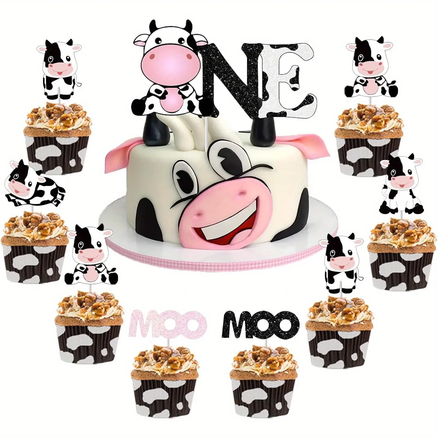 1Set Cow Cake Topper Set for 2anniversary Birthday with One Cake Topper 24 Pack Cupcake Picks Girls Cow Moo Moo Themed Second Birthday Party Decorations