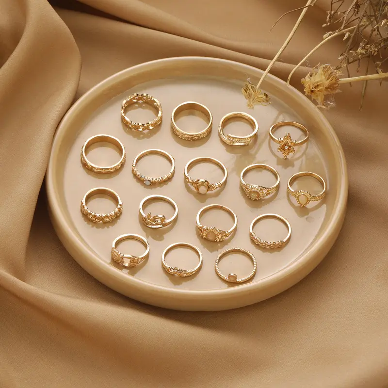 Vintage Stackable Ring Set for Women, Dainty Gold-Tone Mixed Knuckle Rings with Floral Emboss & Gemstones, Textured Carved Bands for Daily Wear, Party Gifts, Ladies Wear, Mixed Rings