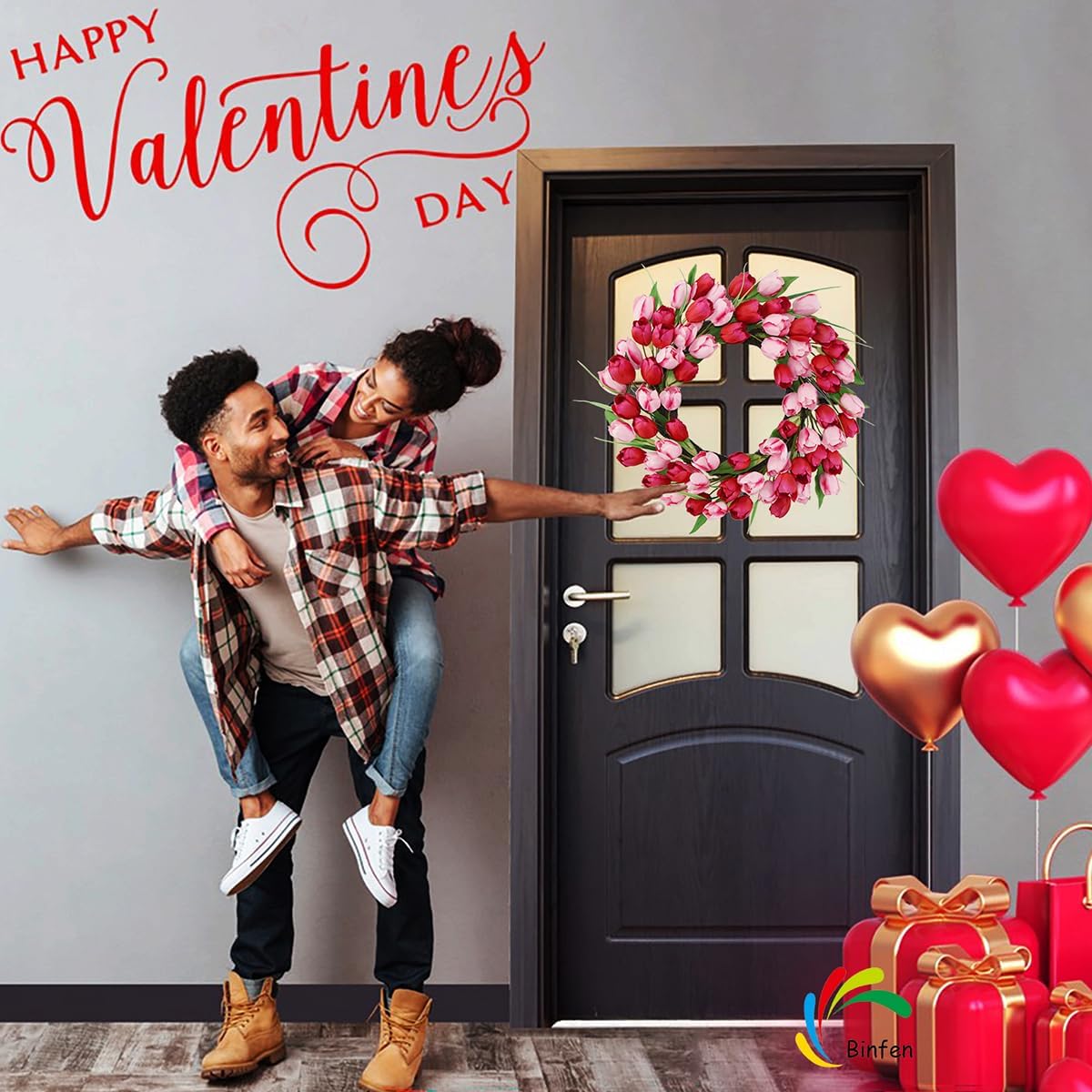 18-20 Inch Valentines Day Wreath – Pink & Red 72pcs Silk Tulip Valentines Door Decor, Outdoor Valentine Wreaths for Front Door Decorations, Romantic Spring