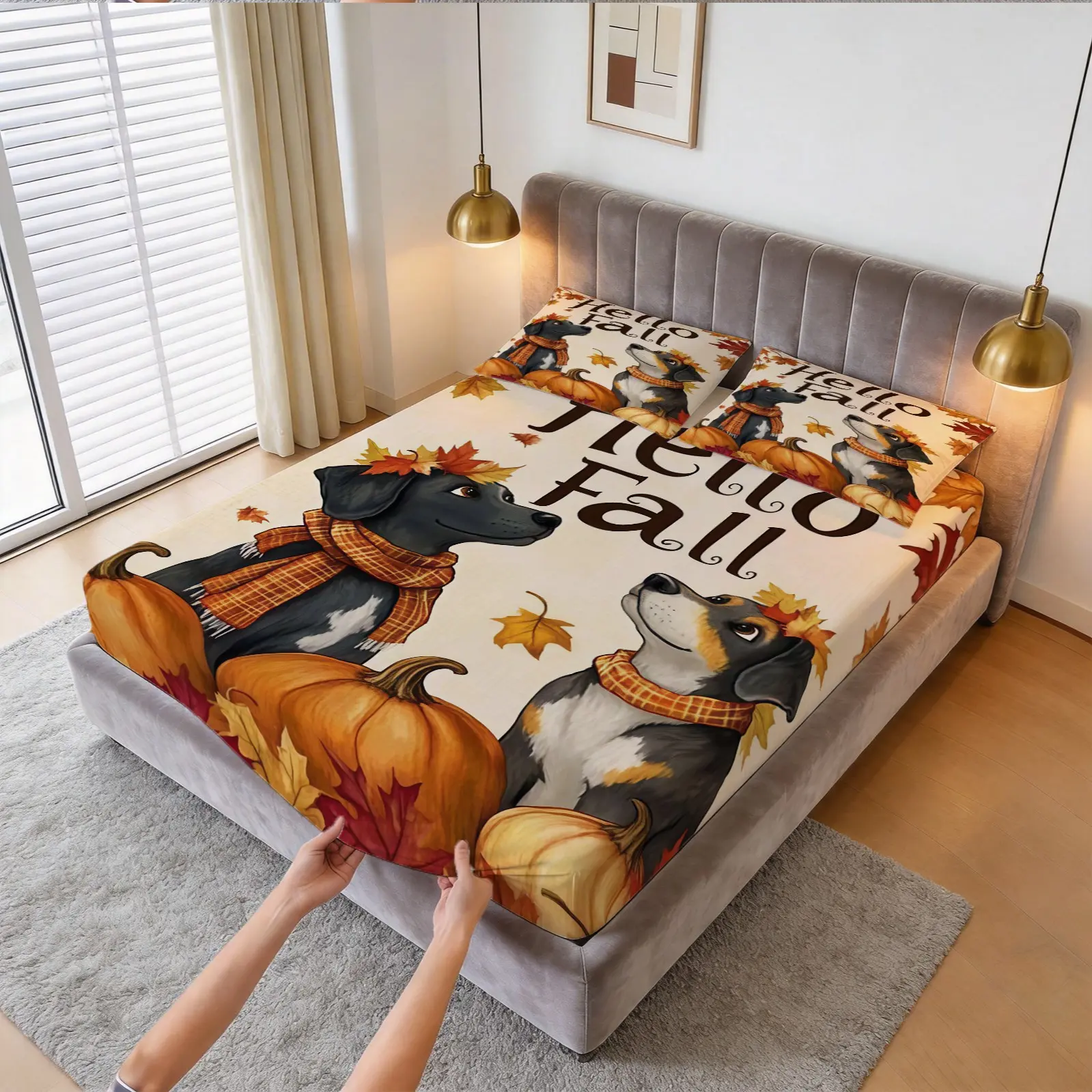 3-Piece Set Of Autumn Cute Dog Pumpkin Pattern Bed Sheets, Retro Country Autumn Harvest Atmosphere Bedding Set (1 Piece Of Sheet + 2 Pieces Of Pillowcases, No Pillow Core), Suitable For Teenagers And Adults, Master Bedroom And Apartment Scenes