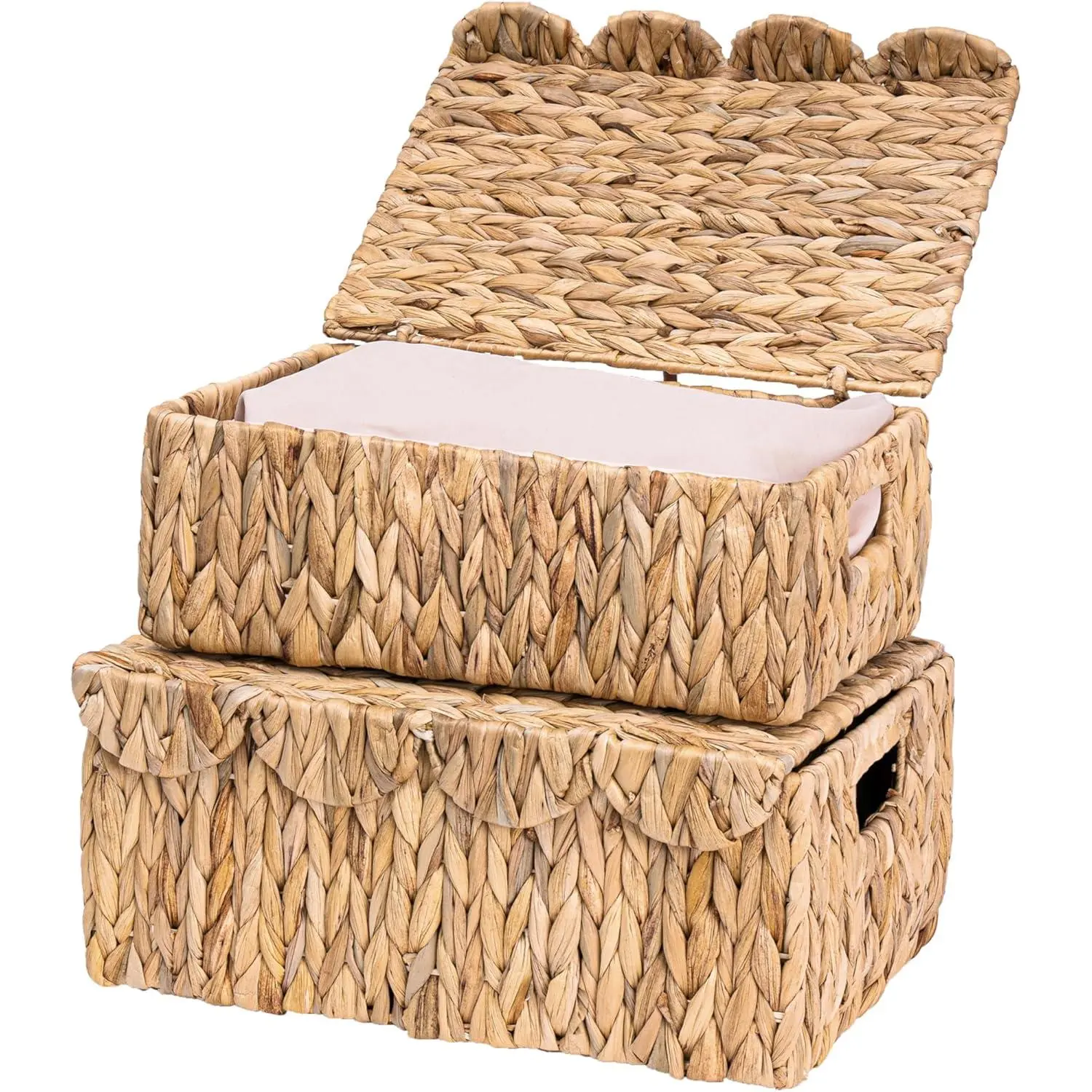 Pet Supplies 2-Pack Decorative Scalloped Edge Wicker Baskets with Lids, Rattan Organizers with Built-in Handles for Book Storage, Wardrobe & Kitchen Organization (Dog & Cat Accessory Collar/Harness/Lead Keeper), Set, Natural