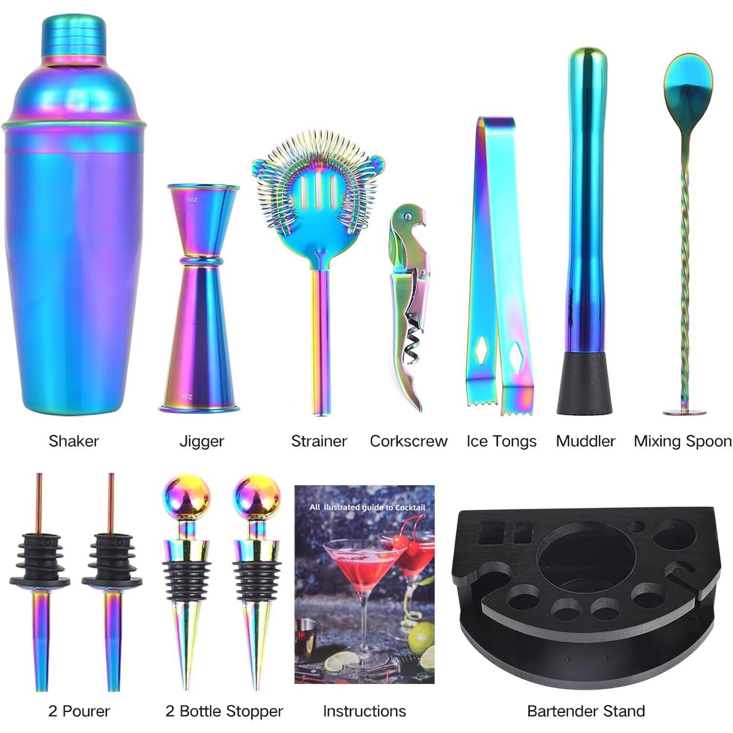 Bartender Kit with Stand, 12- Bar Set | 24oz  Shaker Set for Drink Mixing, Martini Shaker Set with Bar Tools, Recipes Booklet | Fun Housewarming  (Rainbow)