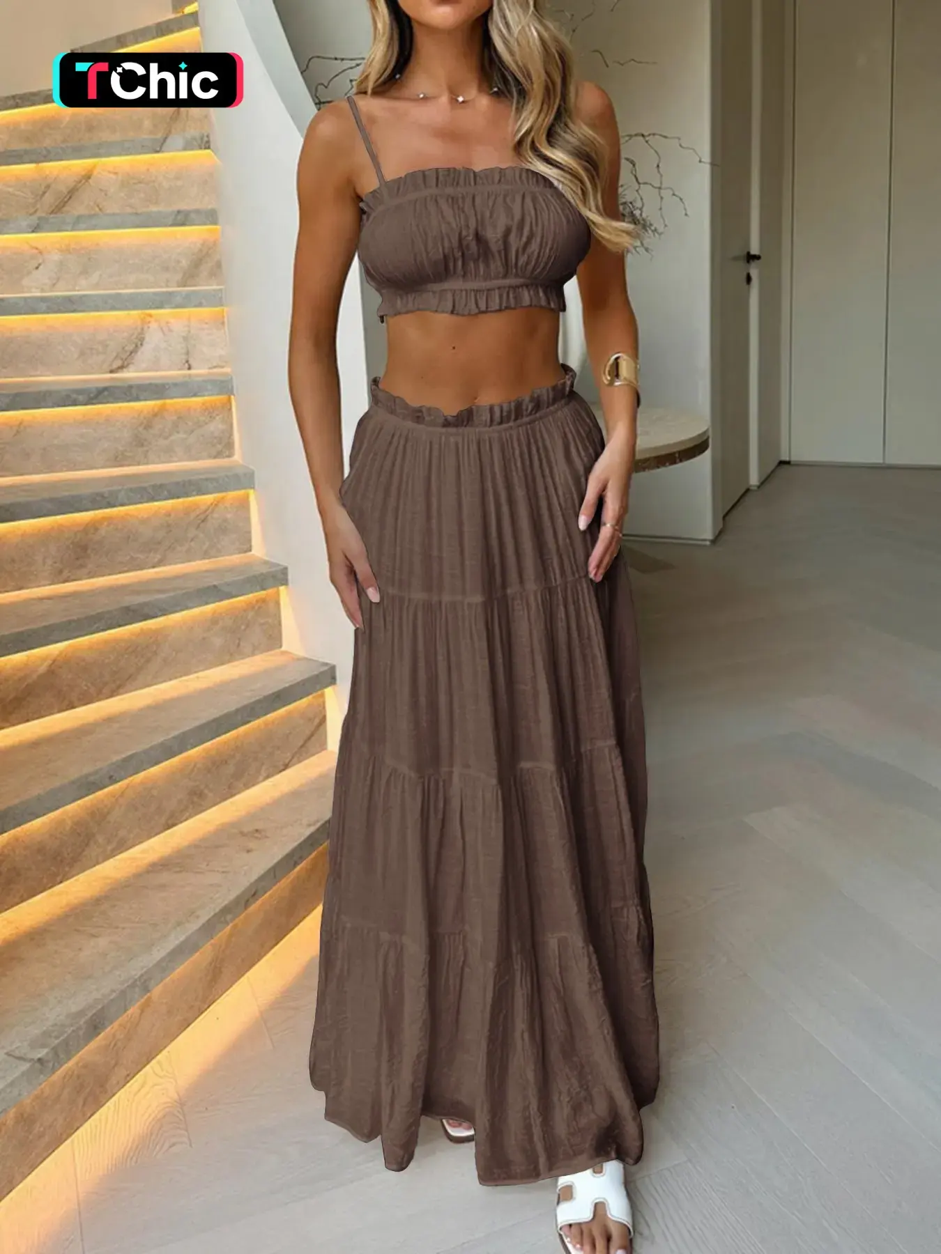 Elegant Two-Piece Set, High-Waisted Layered Dress, Strapless Top, Sleeveless, Skirt, Textured Fabric, Vacation Style, Chic, Slimming Effect, Feminine Design
