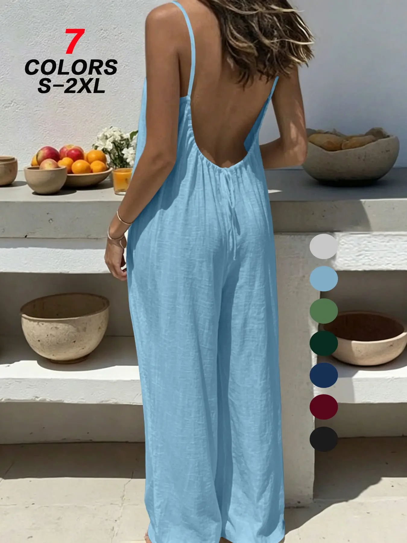 2026 New Arrival Women's Plain Color Shirred Open Back One Piece Jumpsuit Spaghetti Strap Casual Elegant for Holiday Party Daily Outing Date Wear