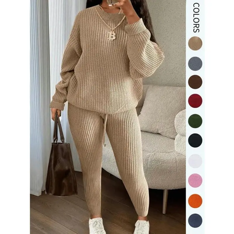Women's Solid Drop Shoulder?Long Sleeve?Sweater & Drawstring Waist Pants Set, Casual Fashion Cozy Knitwear for Daily Outdoor Wear, Ladies Fall & Winter Clothes