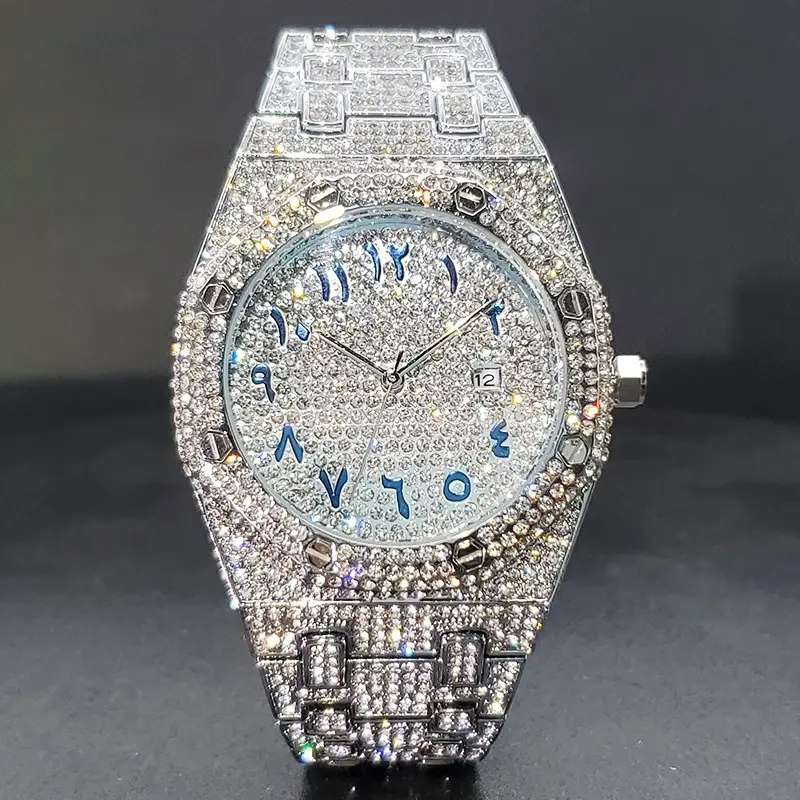 Gold quartz Arabic numeral dial, full of diamonds, high-end men's watch, gentleman's wristwatch, fashionable. Men's High-Quality Automatic Iced Out Rhinestone Decor Wristwatch,Casual Trendy Stylish FashionableMen's Accessories,Casual Trendy Wristwatch