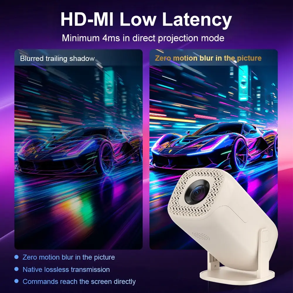 Portable Mini Projector for Bedroom and Outdoor Camping, 180° Rotatable, Android, Wi-Fi 6, Bluetooth-compatible 5.2, 8k Decoding, Low Latency Gaming