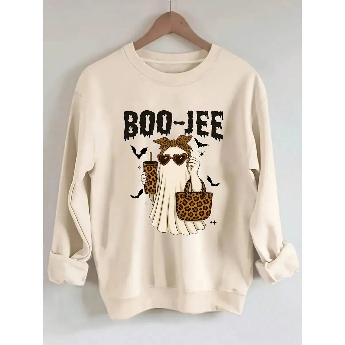 Women's Crew Neck Pullover Sweatshirt, Boo Jee Ghost Design, Soft Casual Long Sleeve, Everyday Casual Top, Winter Women's Clothing, Halloween Costume