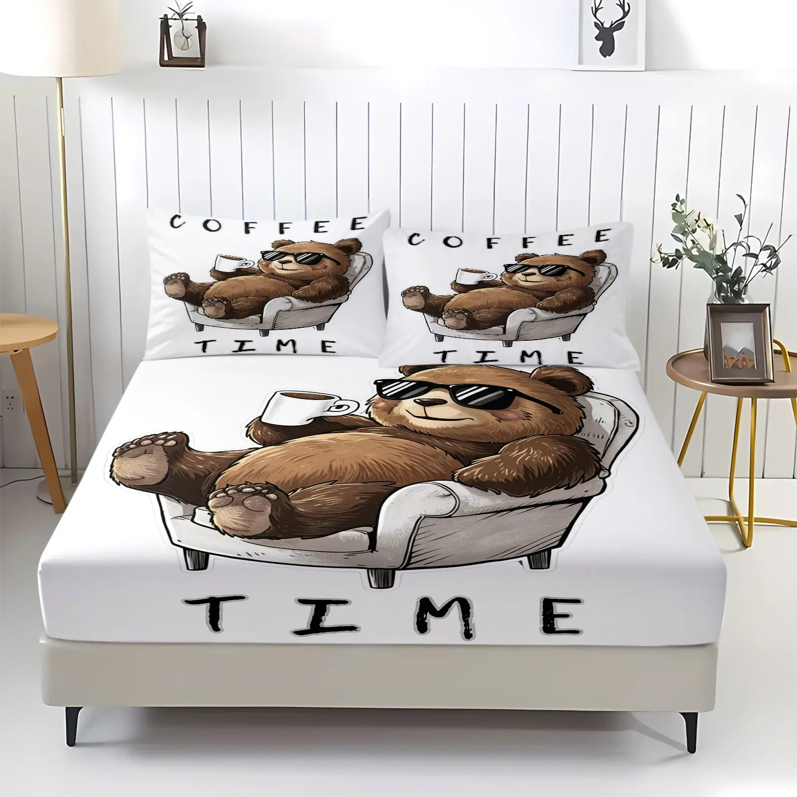 Teddy bear printed pattern bed sheet, including 1 bed sheet and 2 pillowcases, anti slip dust cover suitable for bedrooms and guest rooms, suitable for personal use or gift giving