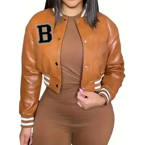 Plus Size Letter Print Faux Leather Bomber Jacket with Stand Collar, Long Sleeve Crop Jacket(Sheets)