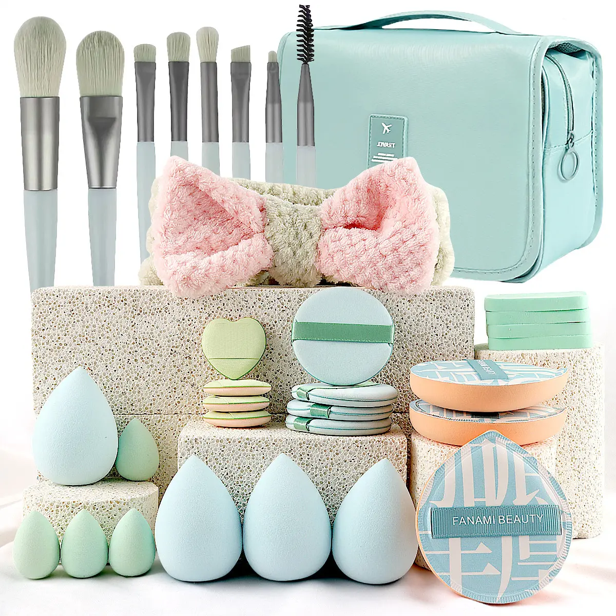 33 Piece Makeup Tools Set with Travel Cosmetic Bag Complete Makeup Brushes Sponges for Pre & Post Makeup Routine