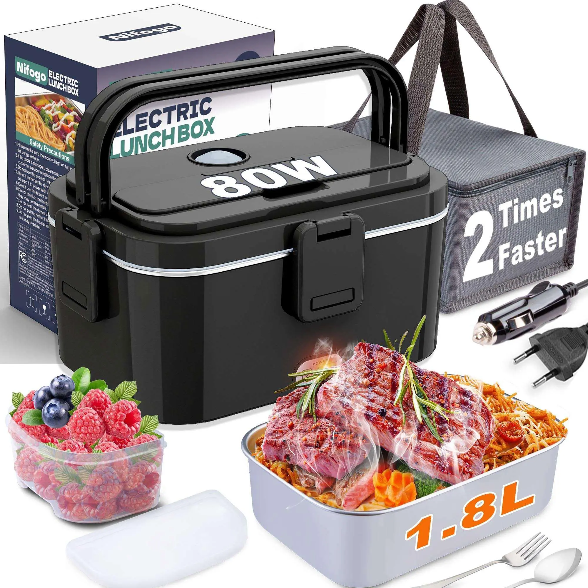 Nifogo 1.8L 304 Stainless Steel 2-Layer Insulated Travel Lunchbox for Adults - 110V/12V/24V Multi-Voltage Portable Warmer, Leak-Proof, Easy-Clean, Picnic Ready, Ice Cube Chill 7h, W/ Tableware Set (Fork,Spoon) & Insulated Bag