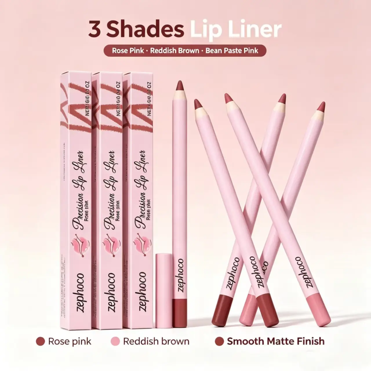 zephoco Silky Lip Liner Pencil - Waterproof & Long-Lasting Makeup with High Pigment, Anti-Feathering Formula for Smooth Lip Outline & Fill, External Lips