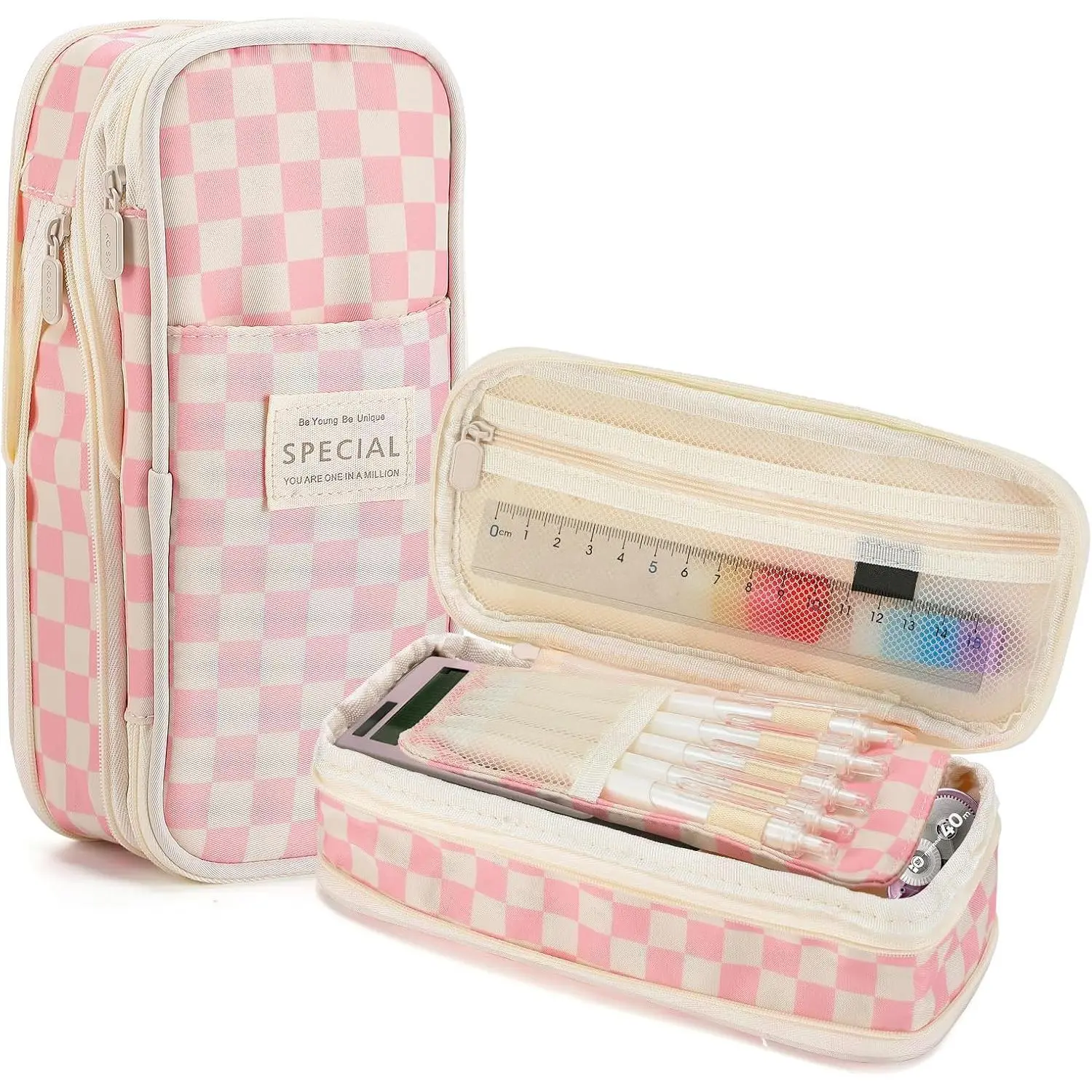 Gingham Expandable Pencil Case for Teens Girls -  | Zipper Gusset for Adjustable Capacity, Checkered Cute Pencil Pouch, Stationery Bag Box for Student  to School Gifts