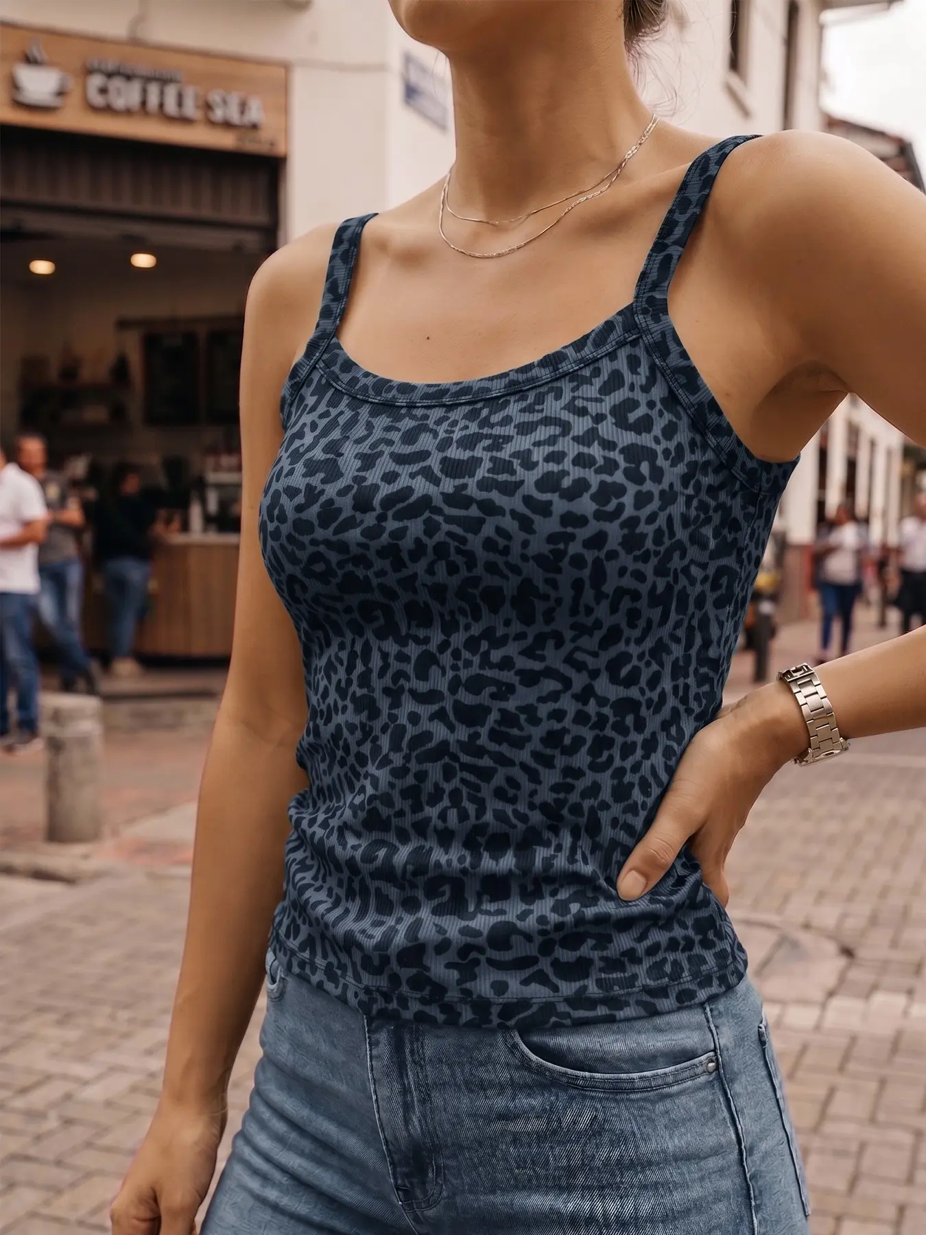 1pc Women's Grey Leopard Print Ribbed Tank Top, Sexy Slim Fit Stretchy Camisole for Casual Summer Streetwear