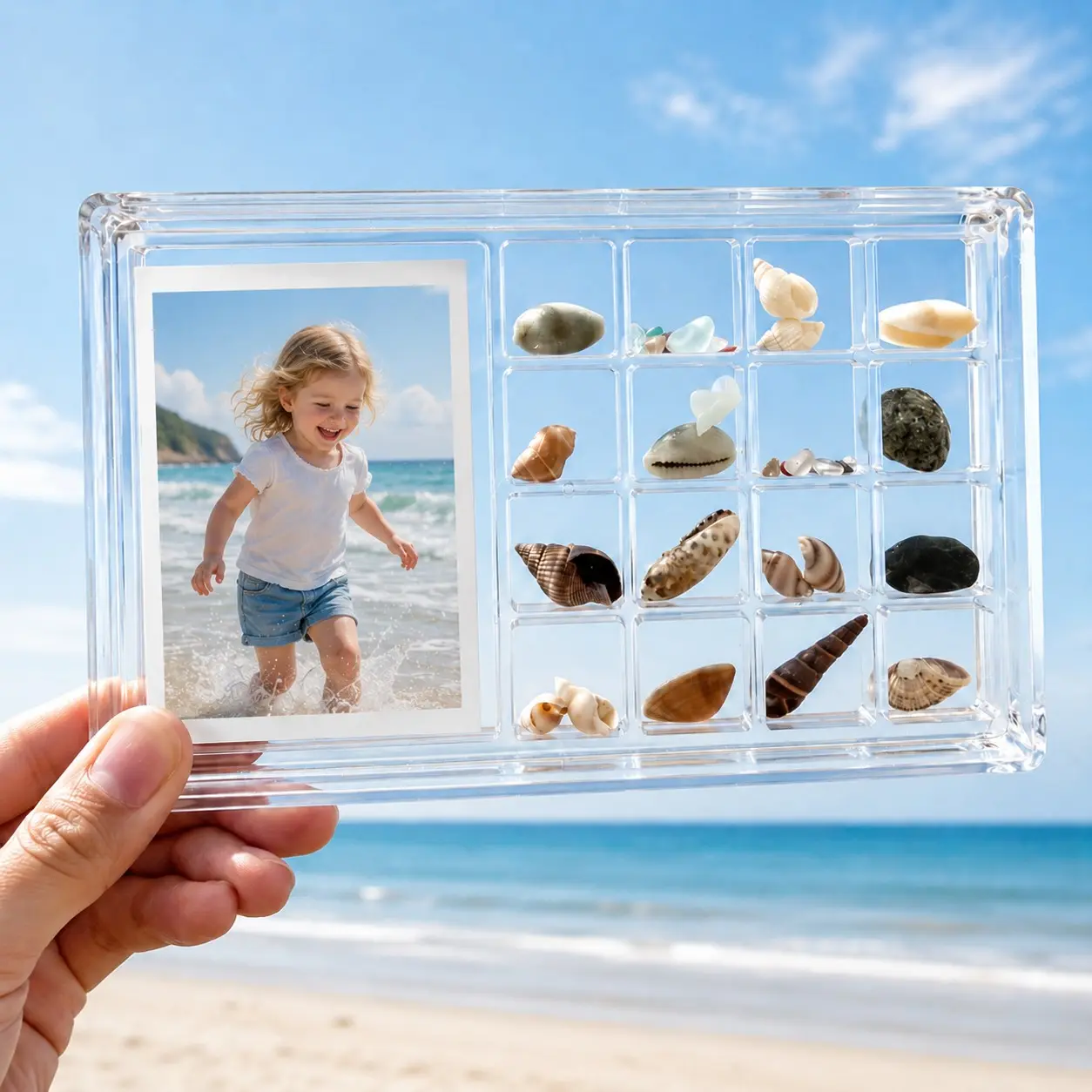 Clear Acrylic Seashell Display Box with Photo Frame, Magnetic Shell Storage Case for Sea Glass, Jewelry, Beads & Beach Trip Keepsakes