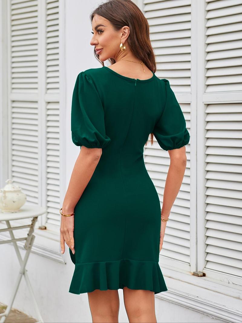 Women's Plain Bubble Sleeve Dress, Elegant Fashion Casual Crew Neck Short Dress for Daily Outdoor Wear, Women Dress for Spring Fall