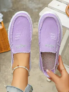Women's Fringe Edge Canvas Slip-On Shoes, Embroidery Light Platform Casual Loafers for Daily Commute & Outdoor Walking Footwear