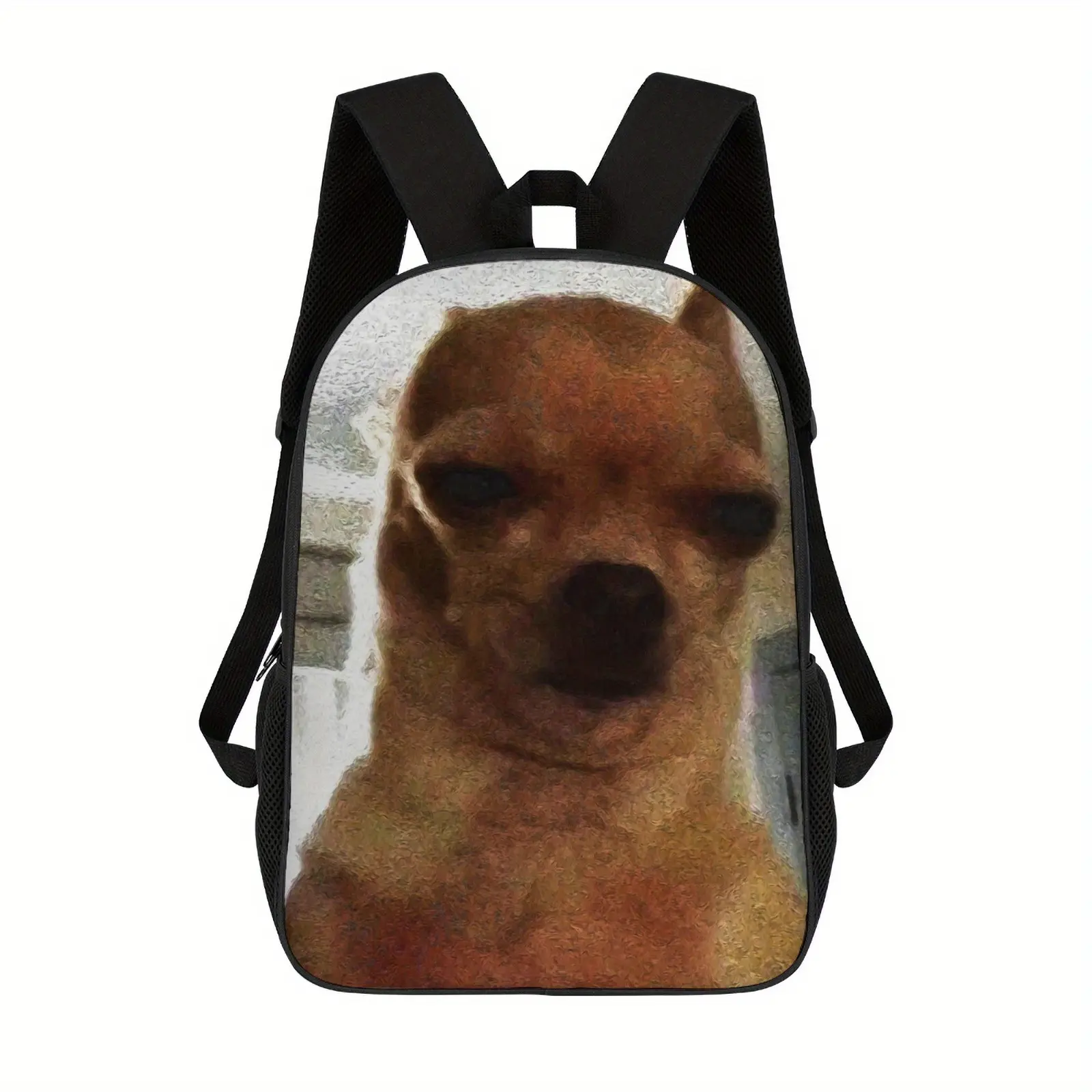 Emoji Backpack - This fun Chihuahua face backpack is lightweight and features an adjustable shoulder strap. Made from durable polyester fabric, it's perfect for college students and makes a fun gift for pet owners. A casual everyday backpack with a zipper