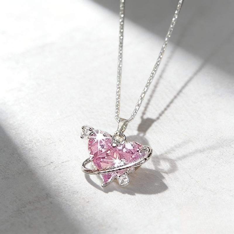 1pc Stainless Steel Heart Pendant Necklace with Shiny Pink Zirconia - Perfect for Couples Weddings Valentines Day & Holiday Gifts