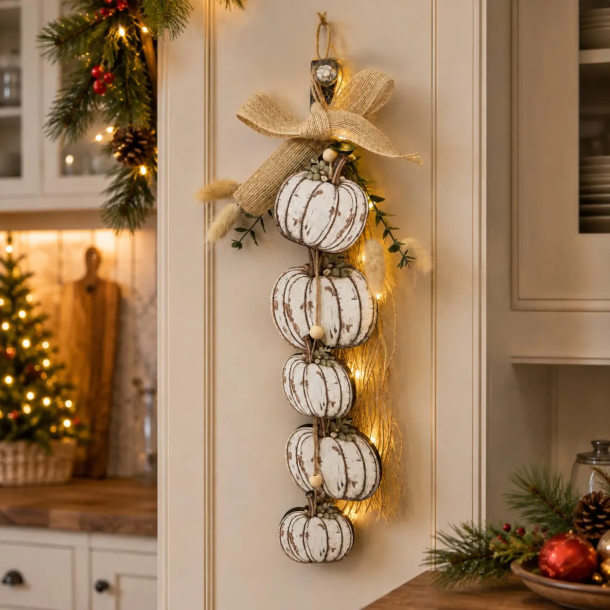 Lighted White Pumpkin Hanging Decor, Rustic Farmhouse Pumpkin Wall Ornament with Burlap Bow and Warm LED Lights, Fall Halloween Thanksgiving Christmas Decor for Front Door, Porch and Entryway