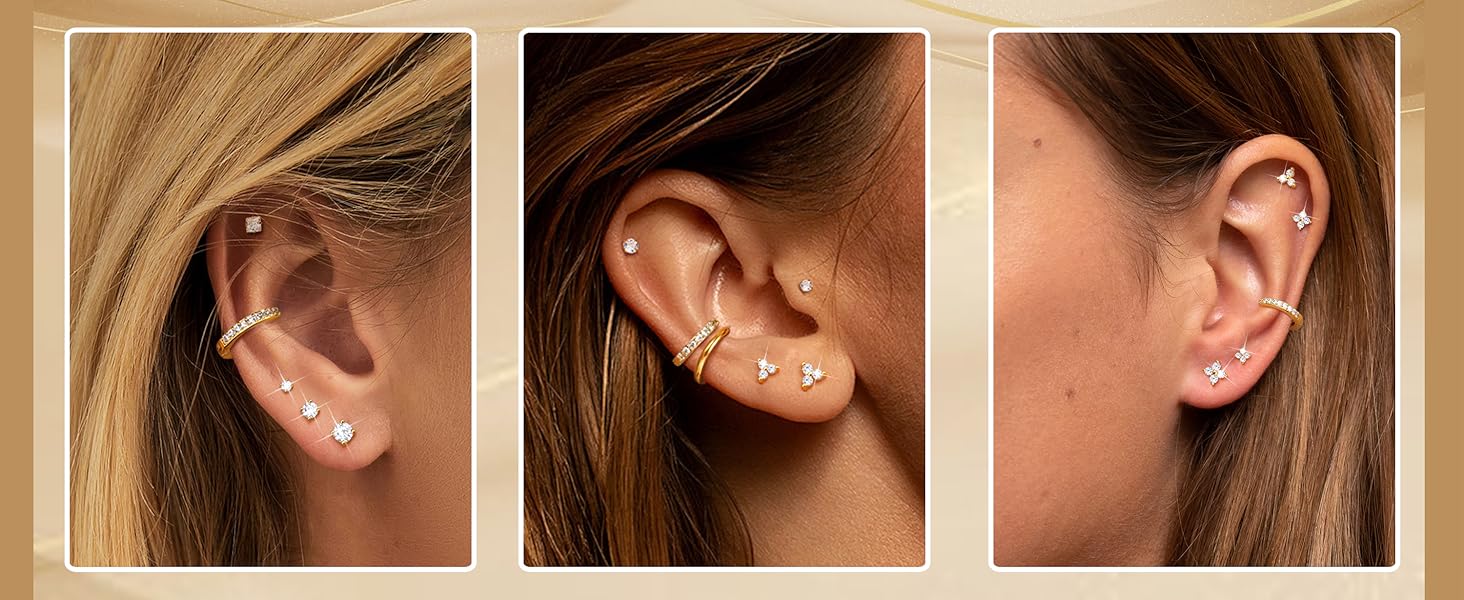 YADOCA 14K Plated Gold Stud Earrings For Women Hypoallergenic - 925 Sterling Silver Small Earrings Stacks For Sensitive Ears Trendy Dainty Cute Cubic Zirconia Heart Flower Cartilage Tragus Earring Sets For Multiple Piercing Jewelry 3Pairs