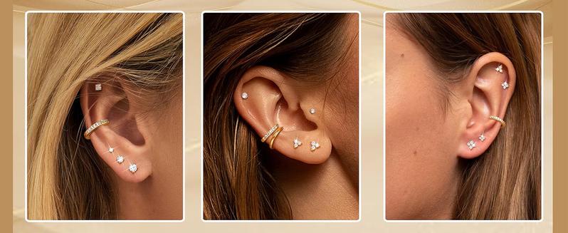 YADOCA 14K Plated Gold Stud Earrings For Women Hypoallergenic - 925 Sterling Silver Small Earrings Stacks For Sensitive Ears Trendy Dainty Cute Cubic Zirconia Heart Flower Cartilage Tragus Earring Sets For Multiple Piercing Jewelry 3Pairs
