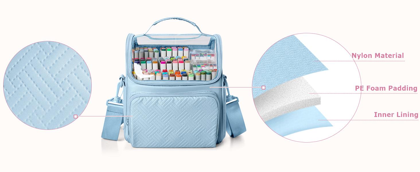 Large Marker Organizer Case for 180 Markers, Marker Storage Bag for Markers, Paint Brushes, Colored Pencils or Other Art Supplies with Dividers and Shoulder Strap (Blue)