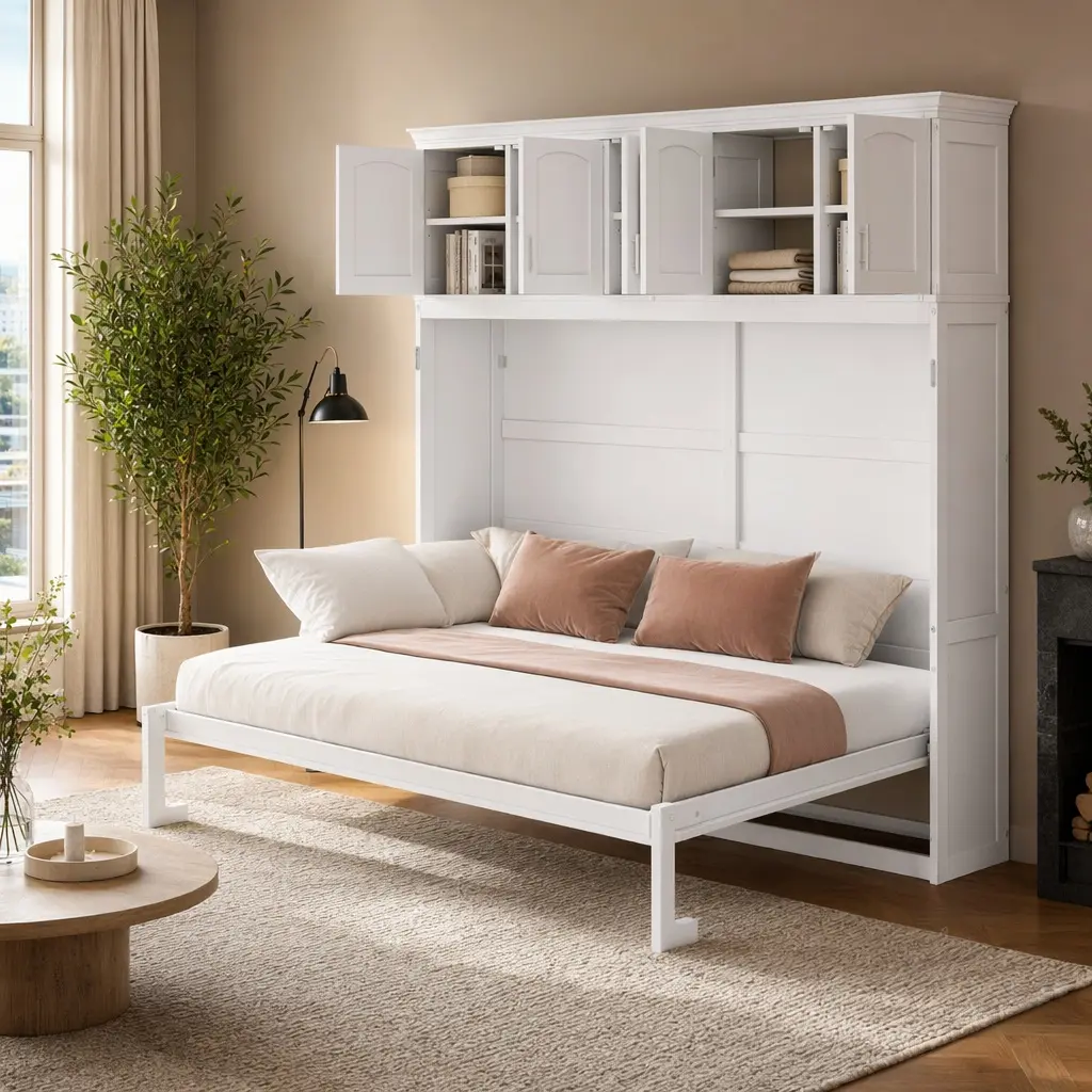 ARCH Furniture White Fold-Away Queen Size Murphy Wall Bed with Top Cabinets, Space-Saving Indoor Bedroom Piece for Apartments, Apartment Decor Ideas, Studio Solution, Studio Apartment Furniture