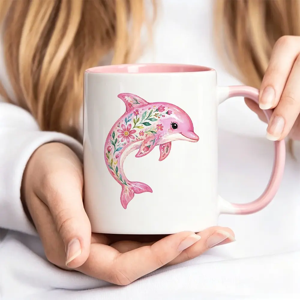 Pink dolphin ceramic mug, coffee cup, tea cup, breakfast mug