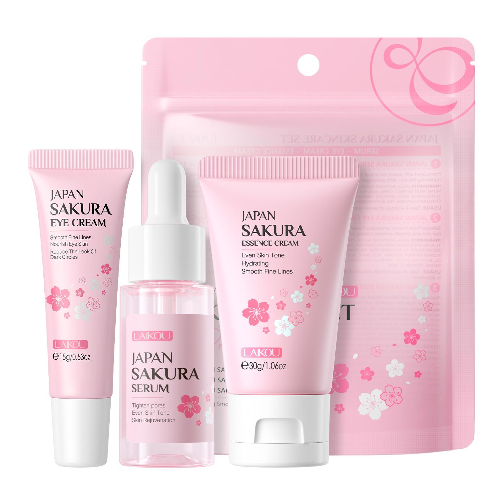 Sakura Facial Skincare Kit, 1 Count Moisturizing Sakura Essence Serum & 1 Count Brightening Sakura Eye Cream & 1 Count Soothing Sakura Face Cream, Hydrating Skincare Kit for Women, Hydrate